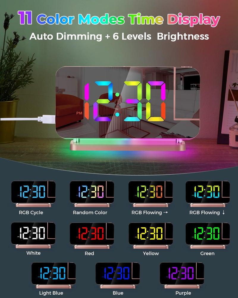 SZELAM Projection Alarm Clock 7.4 in LED Mirror Digital Clocks Projection on Ceiling Wall with RGB Night Light USB C Charging Port Auto Dimming Modern Desk Clock for Bedroom Decor - Rose Gold - Image 5